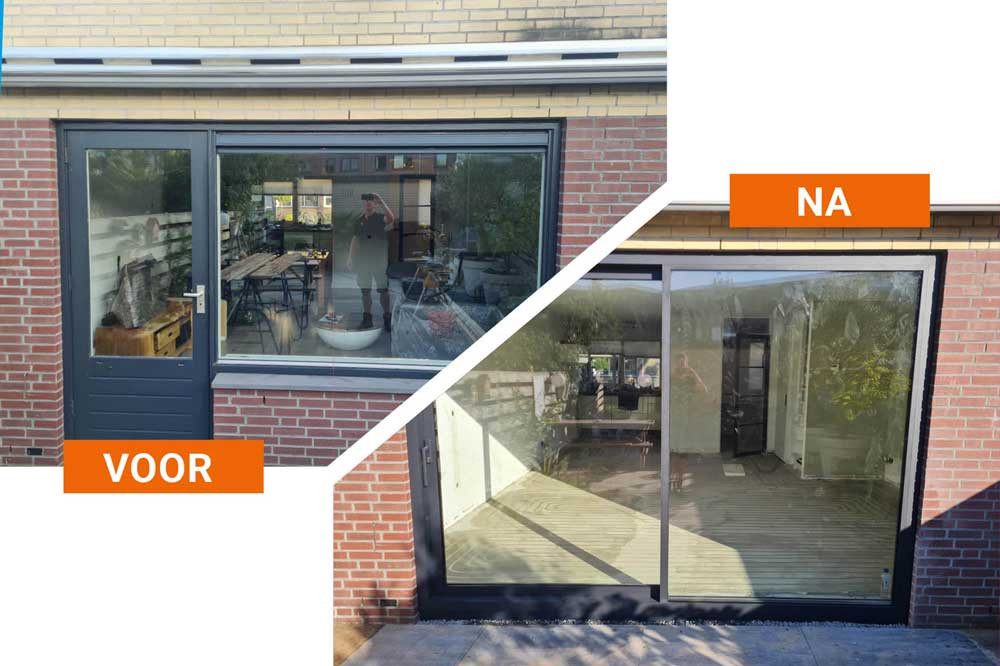 Voor en na foto vanimmerwerk aan nieuwe achtergevel met schuifpui